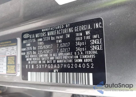 2017 Kia Sorento 2.4L Lx из США, поврежденный, VIN 5XYPGDA37HG204052